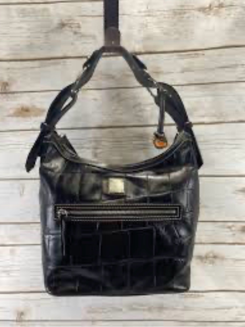 Dooney & Bourke Nile Black Moc Croc Leather Hobo Shoulder Bag